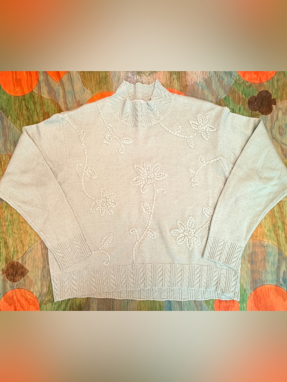 Vintage 90s Embroidered Flower ChinaWear by Morsly Sweater Size XL Acrylic Green